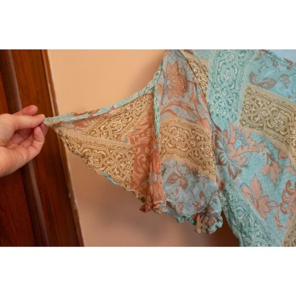 Vintage Phool Teal Boho Dress – Asymmetrical Hem & Slit Sleeves, Stretch Floral - Picture 3 of 6